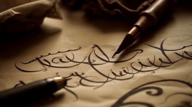 Uma caneta e uma caneta estão em um pedaço de papel com caligrafia árabe.