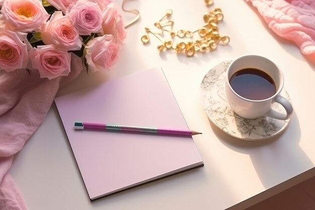 Uma caneta rosa está em um caderno branco ao lado de uma xícara de café em uma mesa branca com um buquê de rosas.