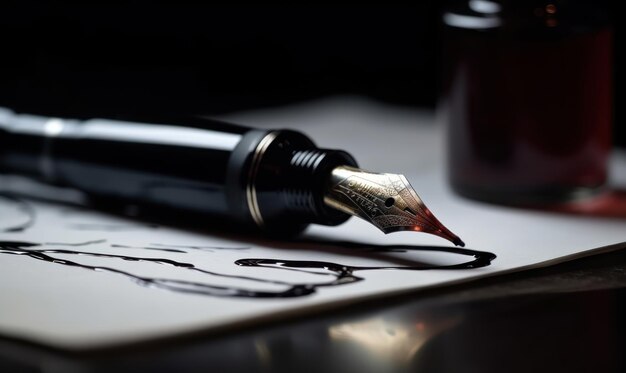 Uma caneta-tinteiro está sobre um pedaço de papel com uma caneta de tinta preta sobre ela.