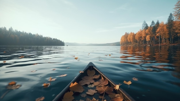 Uma canoa com folhas flutuando na água Imagem digital