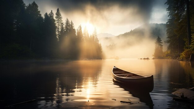 Foto uma canoa em um lago com nevoeiro no ar e árvores ao fundo