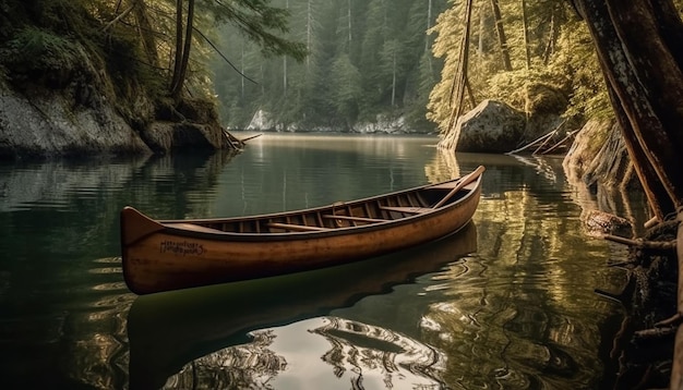 Uma canoa está atracada em um lago cercado por árvores e o sol está brilhando.