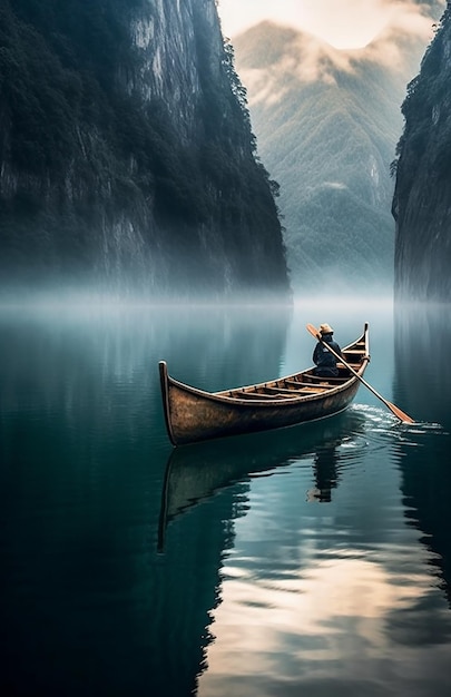 uma canoa flutuando em um lago perto de uma montanha no estilo de azul azul claro e aquamarina escura