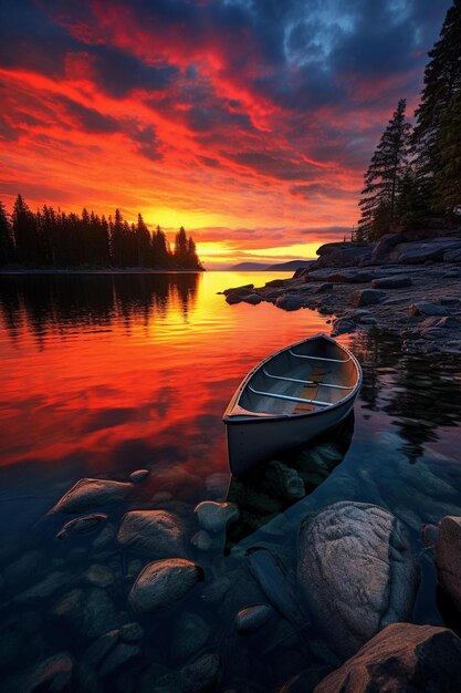 uma canoa senta-se na margem de um lago com um pôr-do-sol no fundo