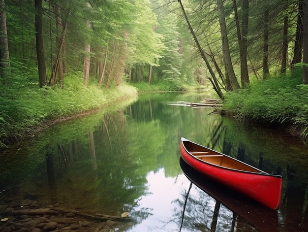 Uma canoa vermelha está na água em uma floresta.