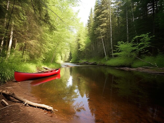 Uma canoa vermelha fica na margem de um rio na floresta.