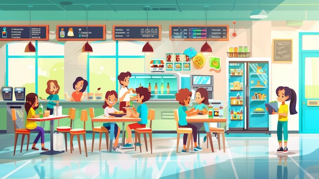 Foto uma cantina escolar com mesas, cadeiras, máquinas de venda automática, refrigeradores de água, crianças com bandejas de comida e funcionários no balcão. ilustração de desenho animado moderno