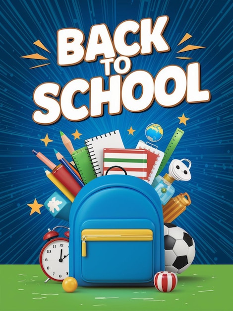 uma capa de livro que diz de volta à escola com uma mochila azul e uma mochila azuis