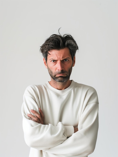 uma capa de revista foto minimalista um homem de anos de idade vestindo sweatshirt gesto zangado preocupado