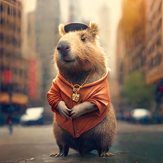 Uma capivara com um distintivo dourado na camisa está vestindo uma camisa laranja.