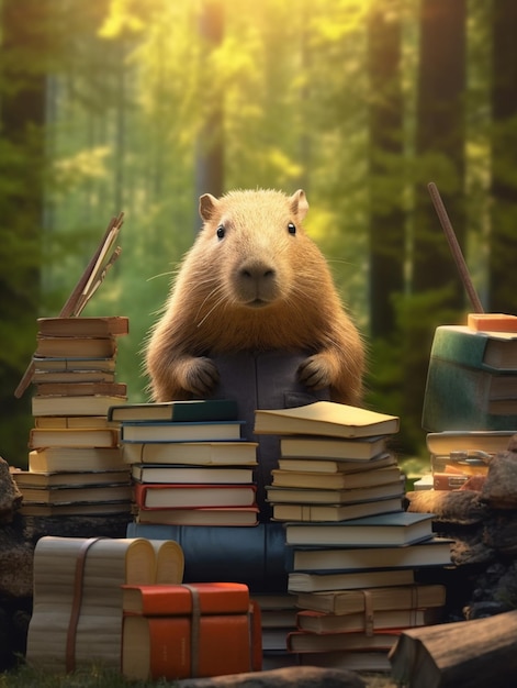 Uma capivara de desenho animado senta-se em uma pilha de livros