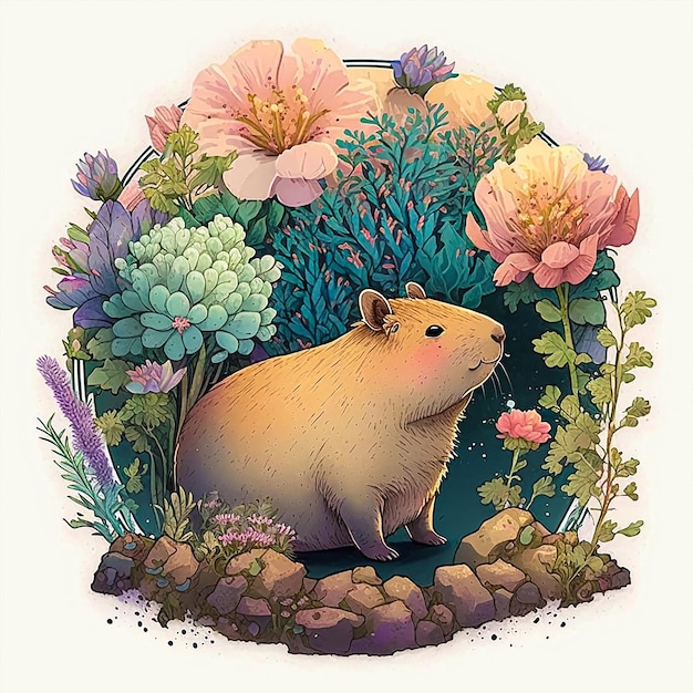 Uma capivara fofa de anime e suculentas coloridas ao redor. IA gerada