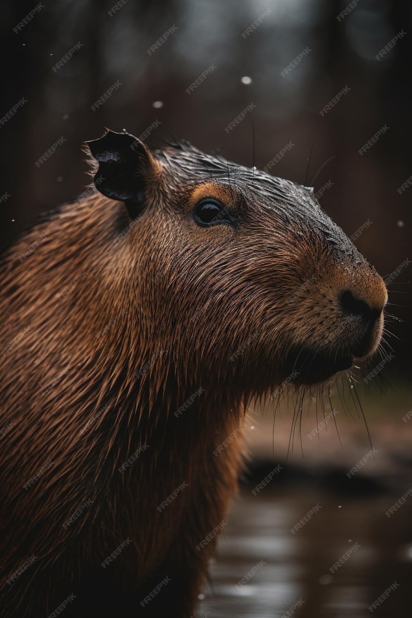 Foto aproximada da cabeça de uma capivara enquanto ela move suas