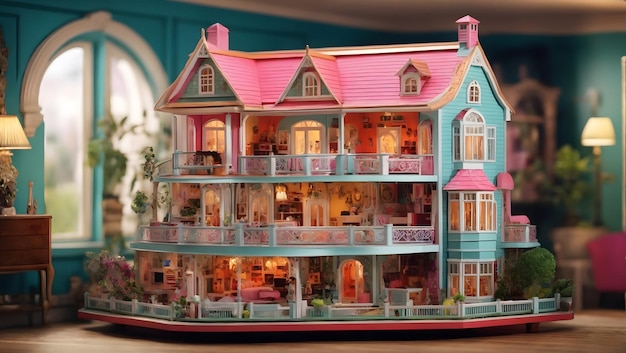 Foto uma caprichosa casa de bonecas colorida com detalhes intrincados gerados por ai