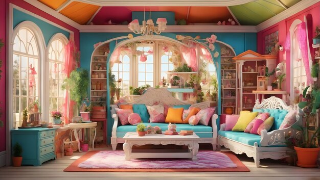 Uma caprichosa casa de bonecas colorida com detalhes intrincados gerados por Ai