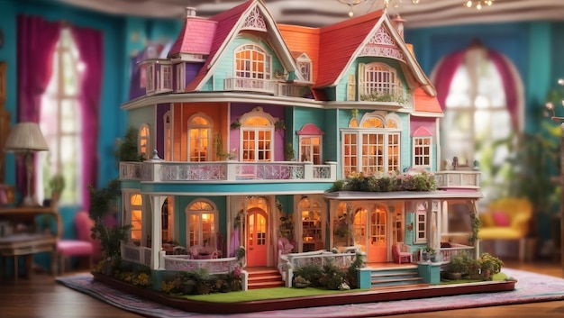 Foto uma caprichosa casa de bonecas colorida com detalhes intrincados gerados por ai