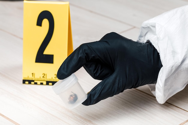 Uma cápsula ou bala em uma cena de crime com marcadores de evidência