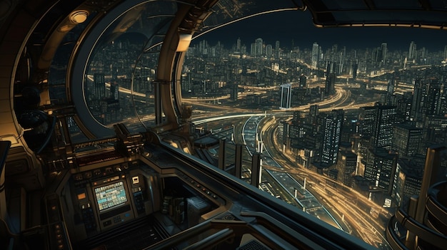 Uma captura de tela de um cockpit com vista para uma cidade no topo.