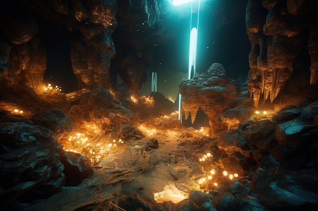 Uma captura de tela de uma caverna com luzes e uma luz no meio