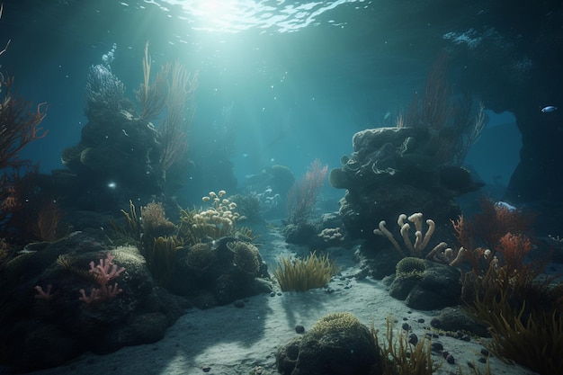 Uma captura de tela de uma cena subaquática com corais e peixes.