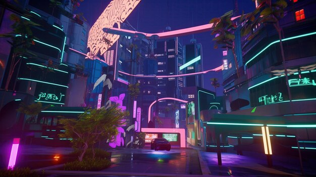 Uma captura de tela de uma cidade com luzes de neon e uma placa que diz "a cidade é um neon"