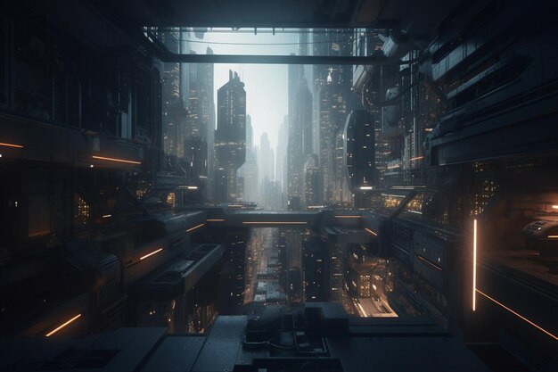 Uma captura de tela de uma cidade futurista com vista para uma paisagem urbana.