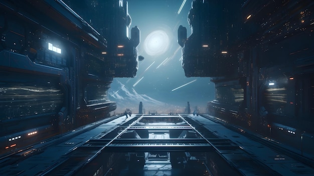 Uma captura de tela de uma nave espacial com fundo azul e uma luz no centro.