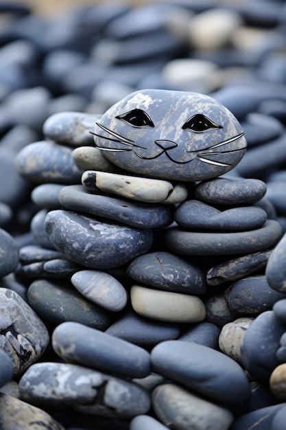 Uma cara de gato está sentada em cima de uma pilha de pedras ai