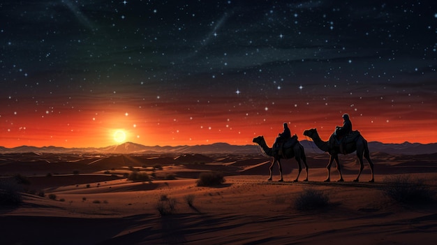 Uma caravana de camelos caminha pelo deserto à noite contra o fundo do céu estrelado.