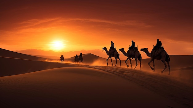 Foto uma caravana de camelos indianos liderada por camareiros experientes atravessando o deserto hipnotizante
