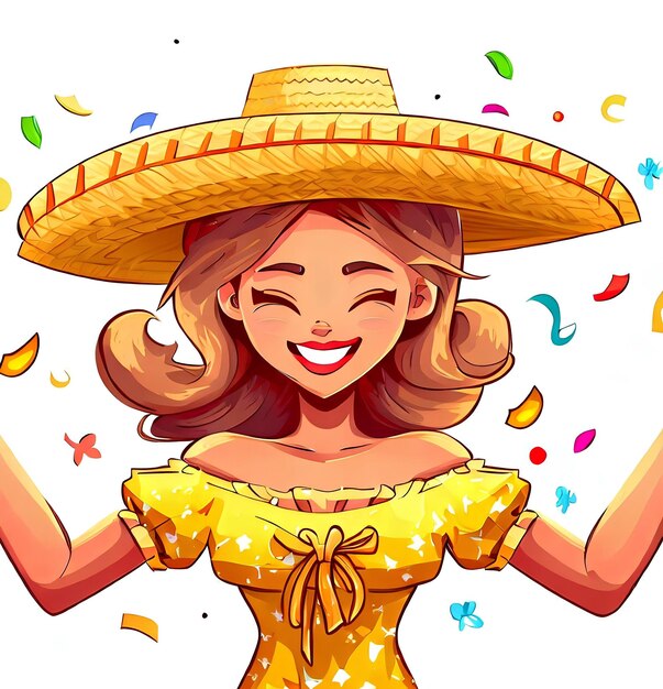 Uma caricatura de uma mulher usando um vestido amarelo com um chapéu de palha que diz "feliz ano novo".