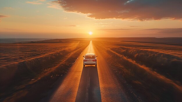Foto uma carrinha a descer uma estrada com o sol a pôr-se ao fundo