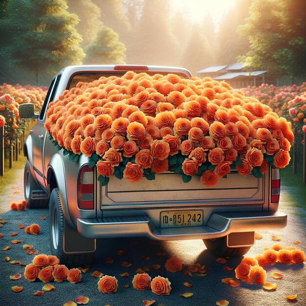 uma carrinha cheia até à borda com rosas laranjas impressionantes