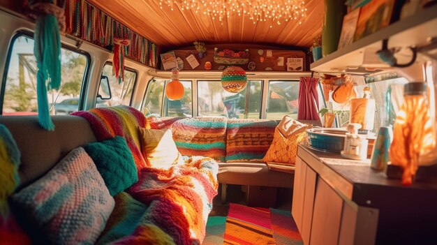 Foto uma carrinha com um cobertor colorido e uma mesa com uma lâmpada.