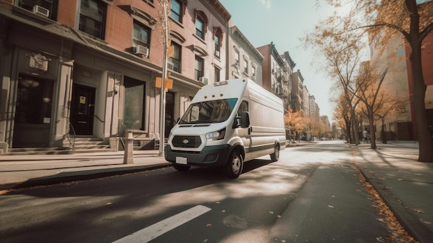 Uma carrinha de entrega branca transportada em uma estrada na cidade Transport Generative Ai