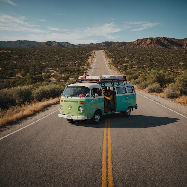 Foto uma carrinha verde com um topo azul que diz camper no topo