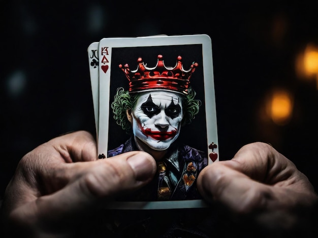 Uma carta de Joker em um fundo preto em close shot A mão do homem segura uma carta de jogo Joker de um Corvo