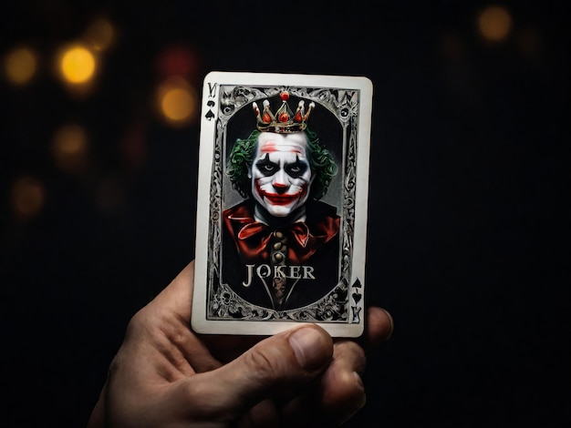 Uma carta de Joker em um fundo preto em close shot A mão do homem segura uma carta de jogo Joker de um Corvo