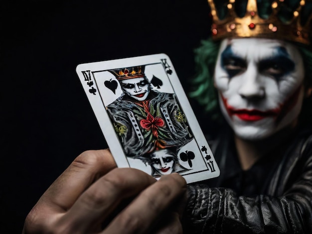 Uma carta de Joker em um fundo preto em close shot A mão do homem segura uma carta de jogo Joker de um Corvo