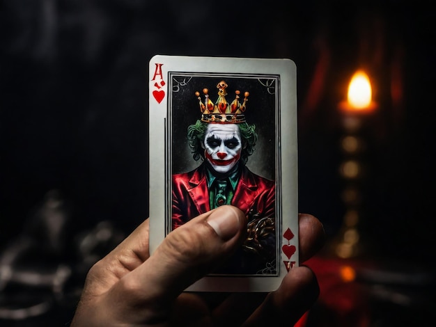 Foto uma carta de joker em um fundo preto em close shot a mão do homem segura uma carta de jogo joker de um corvo