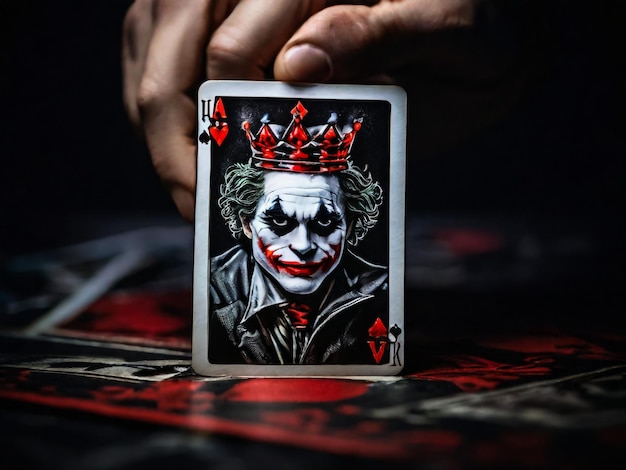 Uma carta de Joker em um fundo preto em close shot A mão do homem segura uma carta de jogo Joker de um Corvo