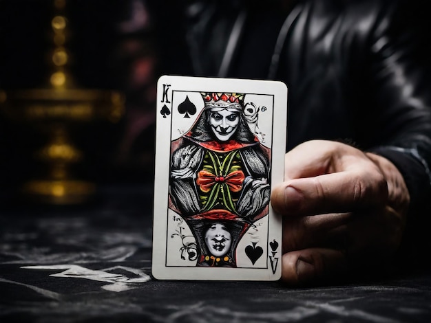 Uma carta de Joker em um fundo preto em close shot A mão do homem segura uma carta de jogo Joker de um Corvo