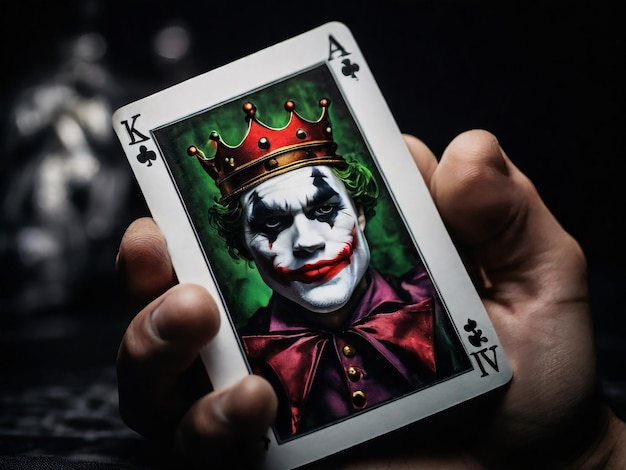 Uma carta de Joker em um fundo preto em close shot A mão do homem segura uma carta de jogo Joker de um Corvo