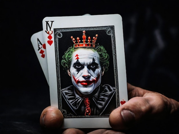 Uma carta de Joker em um fundo preto em close shot A mão do homem segura uma carta de jogo Joker de um Corvo