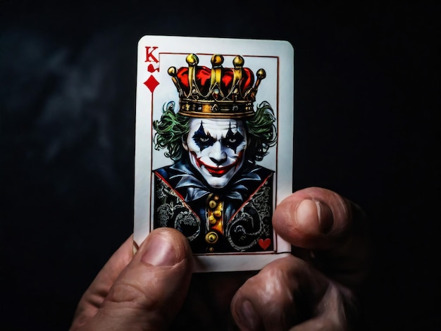 Uma carta de Joker em um fundo preto em close shot A mão do homem segura uma carta de jogo Joker de um Corvo