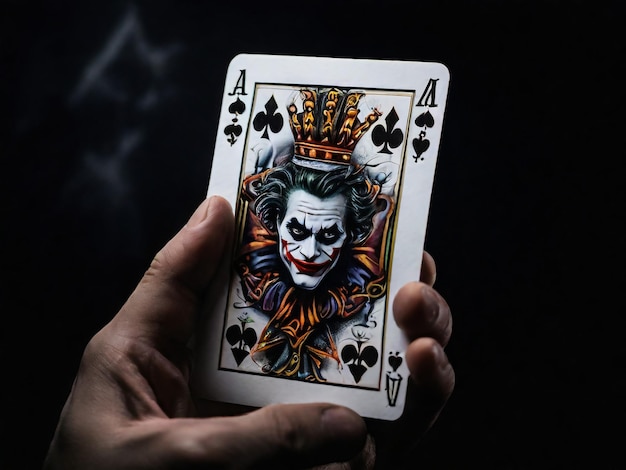 Uma carta de Joker em um fundo preto em close shot A mão do homem segura uma carta de jogo Joker de um Corvo