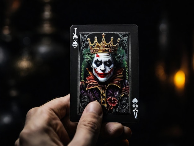 Uma carta de Joker em um fundo preto em close shot A mão do homem segura uma carta de jogo Joker de um Corvo