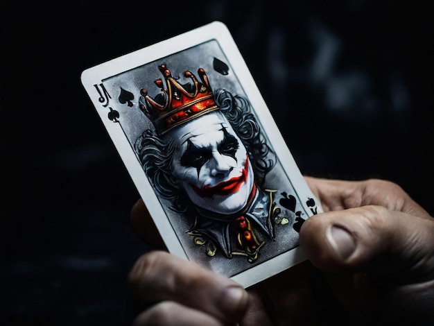 Uma carta de Joker em um fundo preto em close shot A mão do homem segura uma carta de jogo Joker de um Corvo