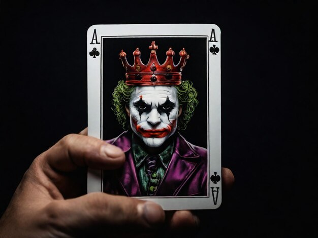 Uma carta de Joker em um fundo preto em close shot A mão do homem segura uma carta de jogo Joker de um Corvo