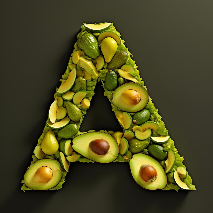 Foto uma carta feita de abacates com abacates e abacates.
